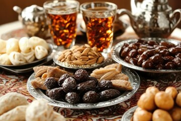Festive Middle Eastern sweets, tea, and nuts on table