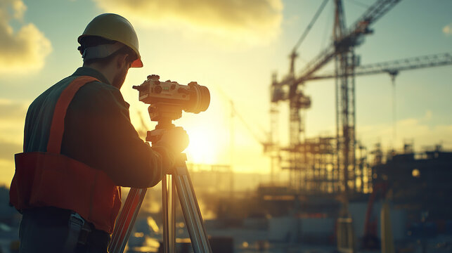Surveyor using theodolite at construction site during sunset