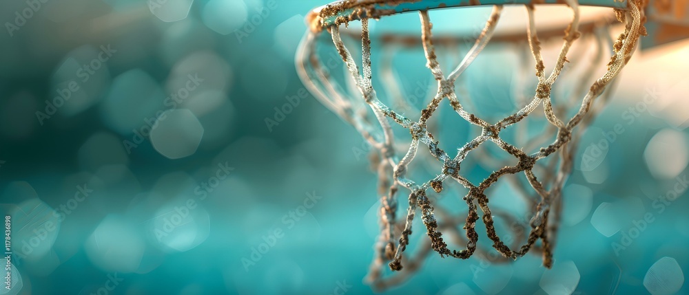 Poster close-up view of a basketball hoop with shallow depth of field and bokeh background under natural li