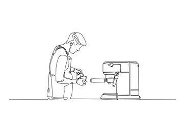 Barista and coffee machine continuous one line drawing. Barista preparing cofffee in single line art illustration. Editable vector.