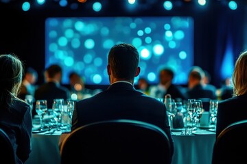 Man in suit at formal dinner, watching presentation. Ideal for corporate event, awards ceremony, or business meeting visuals.