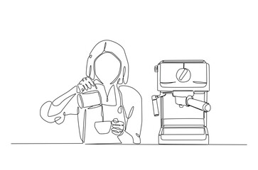 Barista and coffee machine continuous one line drawing. Barista preparing cofffee in single line art illustration. Editable vector.