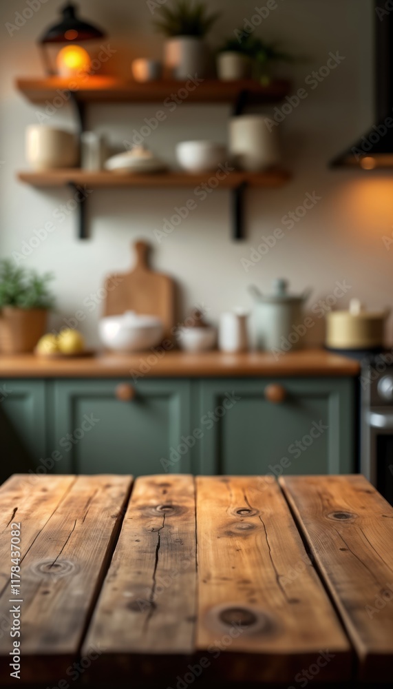 Poster rustic wooden table in foreground with warm lighting. cozy kitchen background features open shelving