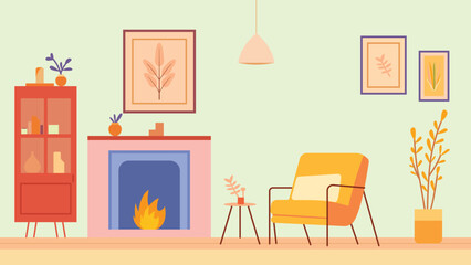 Yellow Cozy Living Room Interior Landscape Illustration with Armchair and Bonfire
