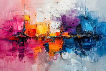 Painting of a cityscape with a lot of color splatters