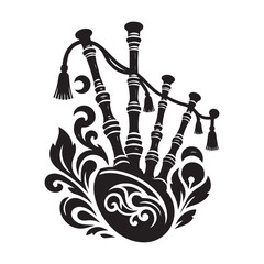 Bagpipes Silhouette Vector Illustration, Solid White Background.
