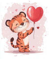 A playful cartoon tiger joyfully holds a vibrant red balloon and a heart-shaped balloon, spreading love and cheer on Valentine's Day.