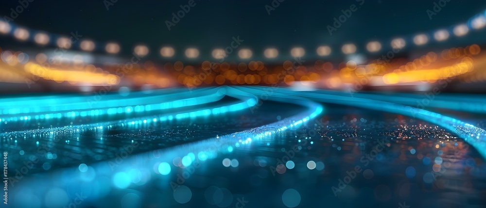 Poster Vibrant Abstract Light Trails on a Reflective Surface with a Bokeh Background in a Night Setting