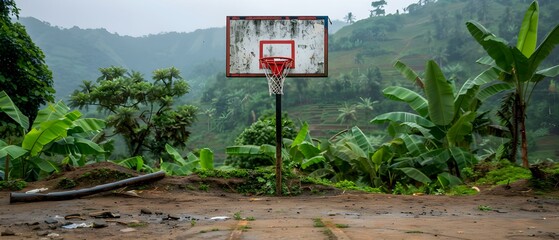 Abandoned Basketball Court Surrounded by Lush Tropical Forest and Misty Mountains in a Remote Landscape