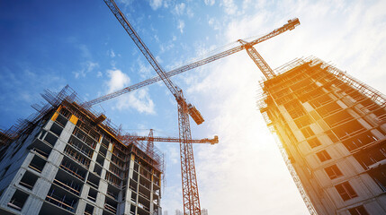 Cranes operating at construction site with buildings under construction