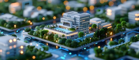 Obraz premium Miniature model of a modern cityscape featuring elegant buildings, lush greenery, and illuminated streets at dusk