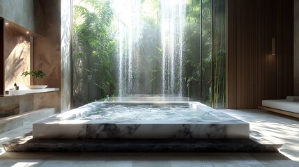 A sleek marble hot tub with a waterfall feature, set in a spa surrounded by natural stone walls and bamboo decor, with soft natural light filtering in,