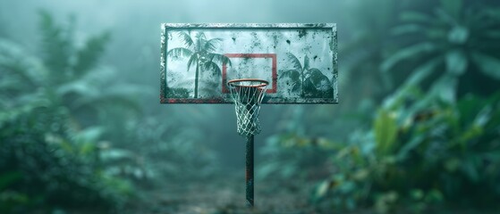 Abandoned Basketball Hoop Surrounded by Lush Jungle with Tropical Plants and Foggy Atmosphere