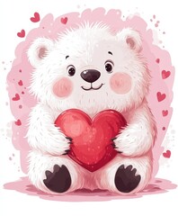 Obraz premium A fluffy white teddy bear clutches a vibrant red heart, symbolizing love and affection, perfect for celebrating Valentine's Day moments.