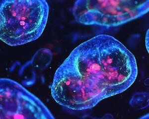 Naklejka premium Detailed view of animal cells in culture highlighting cellular membranes, nuclei, and cytoplasmic structures for research