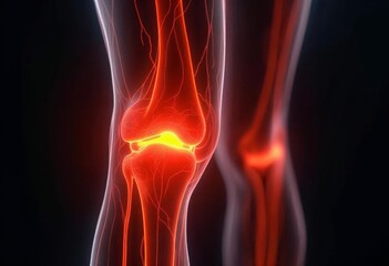 3D medical illustration of human knee joint with highlighted cartilage and blood vessels.