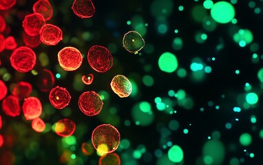 Detailed view of a blood sample under fluorescence microscopy showing stained red and white blood cells for research use