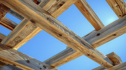 Obraz premium Wooden frame of house under construction against blue sky