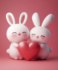 Two adorable white rabbits embrace, cradling a bright red heart, symbolizing love and affection on a delightful Valentine's Day.