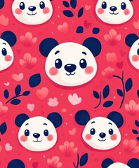 Obraz premium Adorable panda bear faces surrounded by vibrant hearts and delicate flowers on a passionate red backdrop, perfect for spreading love on Valentine's Day.