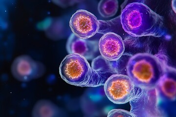 Fototapeta premium Microscopic image of neutrophils actively engulfing bacteria, highlighting their segmented nuclei and granular content