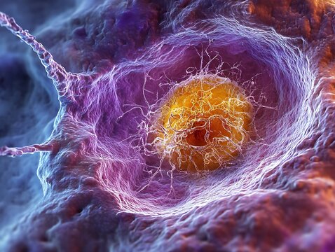 A close-up microscopic view of a cell nucleus with visible nuclear membrane and chromatin fibers inside the nucleoplasm
