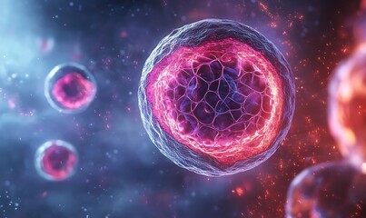 Naklejka premium Fluorescently labeled nucleus in a live cell image, showing dynamic interactions of the nuclear envelope with the cytoskeleton