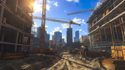 Fototapeta premium Construction site with cranes and buildings under blue sky
