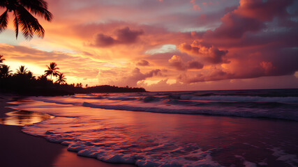 Tropical Beach at Sunset with Soft Waves