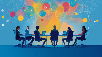 Scientists sitting in a circular conference table, with abstract swirling patterns above their heads representing the brainstorming of revolutionary ideas. 