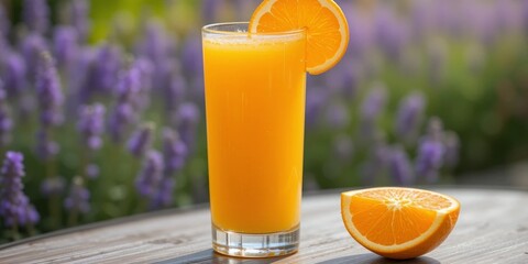 Glass of fresh orange juice on the table, with garden background