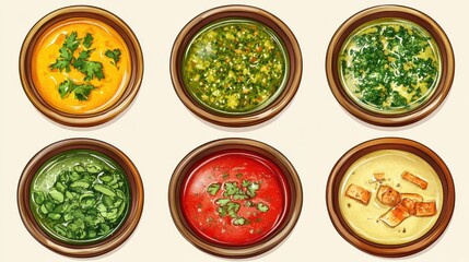 Six bowls of various colorful soups. Perfect for menu design, food blogs, or recipe websites.