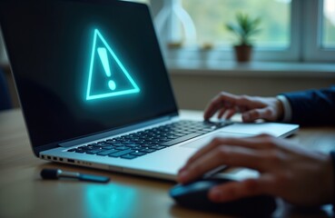 Businessperson works on laptop displaying caution alert. Tech problem maintenance message. Error notification on screen. Possible network issue system alert. Person using computer. Possible problem