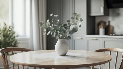 Eucalyptus in vase on round dining table in modern kitchen.