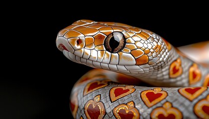 Obraz premium A close-up of a colorful snake showcasing intricate patterns and vibrant hues against a dark background.