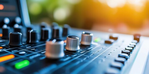 A close-up view of a sound mixing console with various knobs and sliders, illuminated by warm sunlight, highlighting its intricate details and vibrant colors.