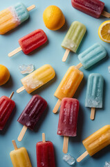 Colorful popsicles on pastel blue background 