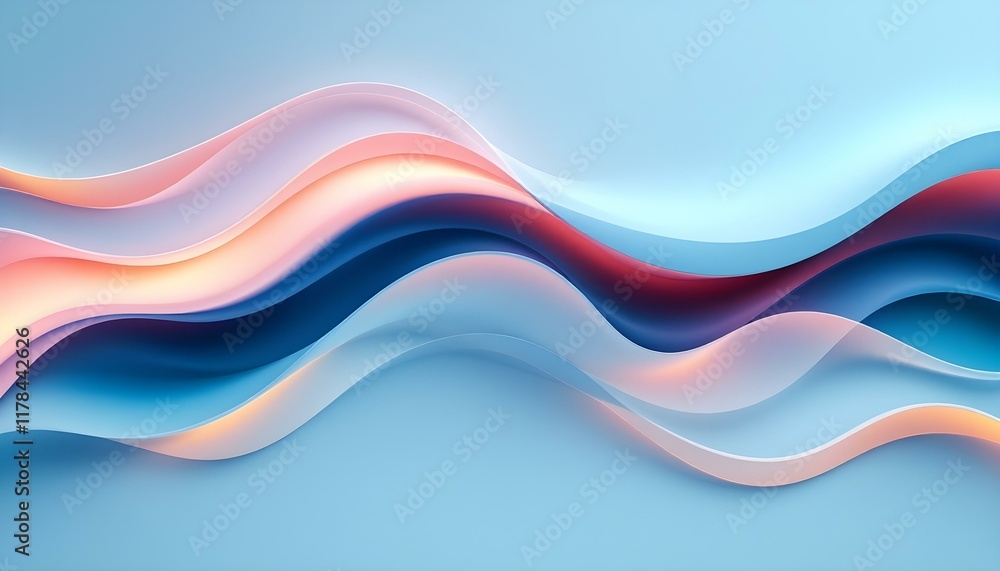 Poster 3d rendering, abstract modern minimal wallpaper with wavy lines glowing over the blue background. ab