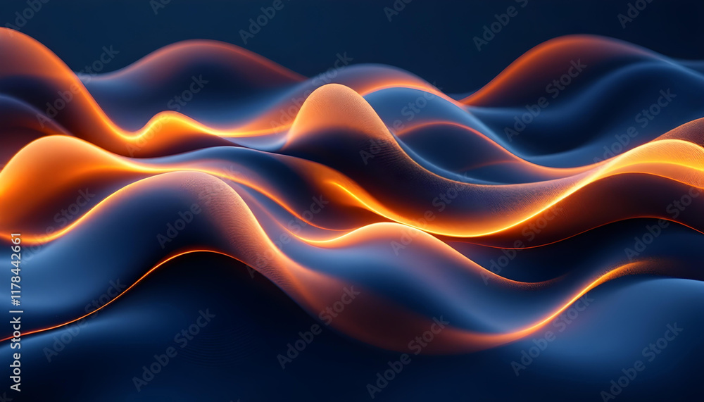 Poster 3d rendering, abstract modern minimal wallpaper with wavy lines glowing over the blue background. ab