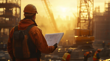 Engineer reviewing blueprints at construction site during sunset