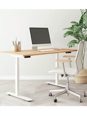 Fototapeta premium A modern workspace featuring a wooden desk, ergonomic chair, computer, and a plant, creating a minimalistic, inviting atmosphere.
