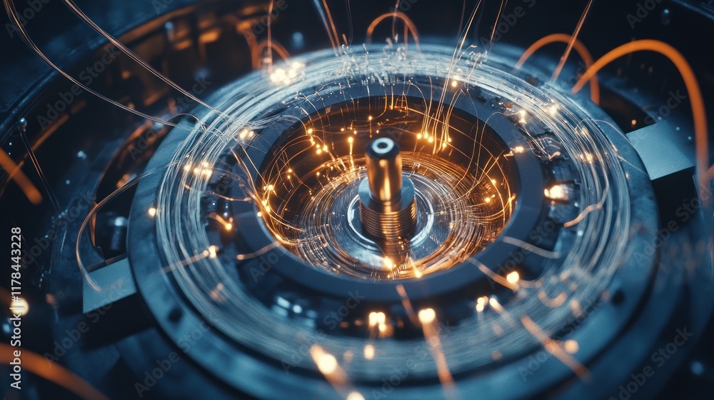 Poster abstract technological circular mechanism with glowing energy.