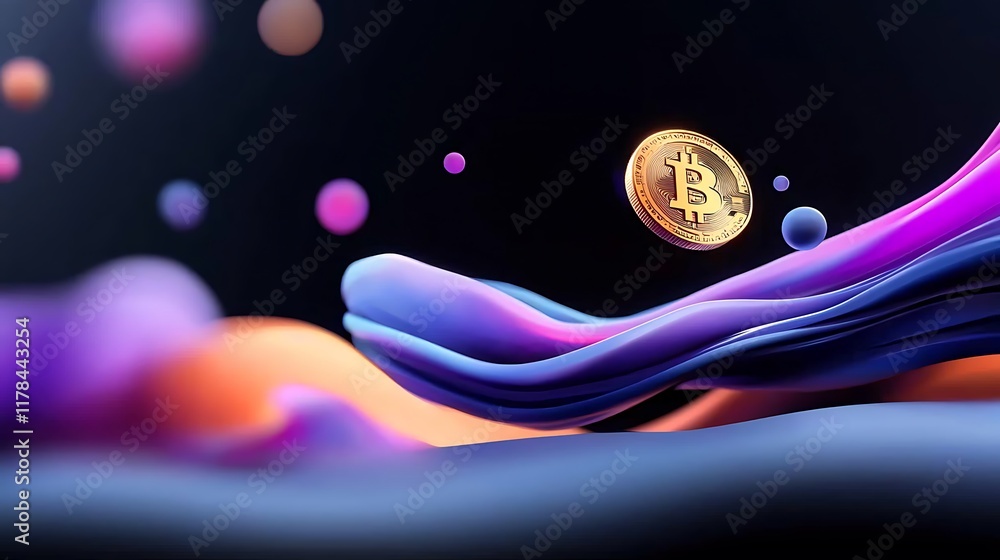 Aufkleber abstract bitcoin cryptocurrency coin floating over colorful fluid wave.
