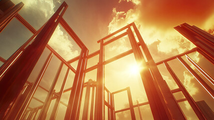 Wooden frames of house under construction with dramatic sunset sky