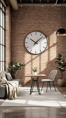 Modern industrial living space with large clock and minimalist furniture