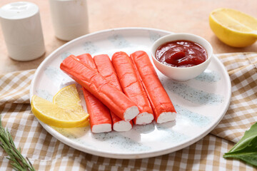 Plate with tasty crab sticks, slices of lemon and bowl of sauce on beige background © Pixel-Shot
