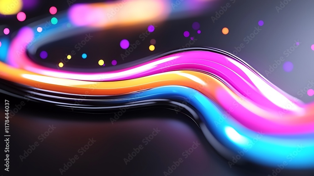 Poster abstract colorful glowing neon lines on dark background with bokeh effect.