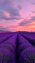 Obraz premium A serene lavender field under the twilight sky, with rows of purple flowers stretching to the horizon. captures the tranquility and beauty of nature