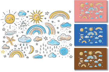 Cute hand-drawn weather elements set with suns, moons, rainbows, clouds, raindrops, and stars in a childish style.