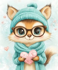 Obraz premium A charming cat dons a whimsical hat and stylish glasses, playfully clutching a heart, embodying the spirit of love and joy this Valentine's Day.